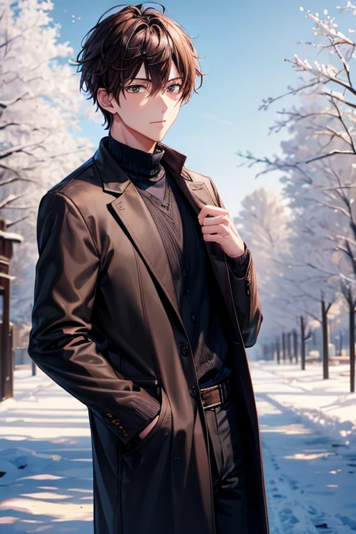 a handsome guy、20代の男性、Winter clothes、Brown-haired shorthair、black eye、long sleeve、sunny winter day、rural scenery、High resolution、In 8K、sharp focus、zoom、with the best image quality、highest quality