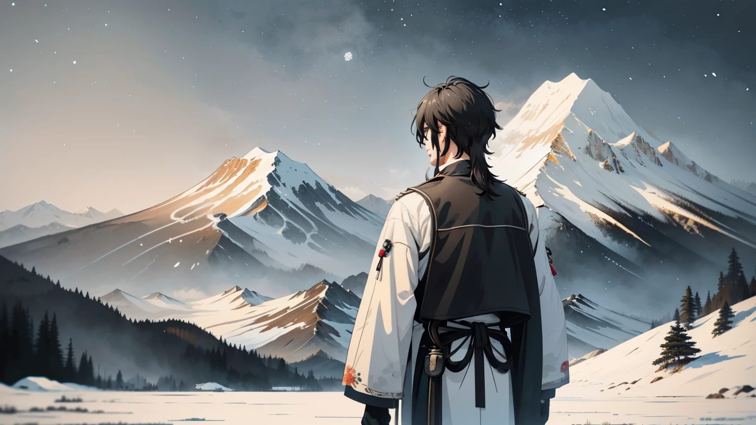 illustration of anime man, snowy land, man, short black hair, messy hair, snow landscape, winter clothes, facing away, back turned, not looking at camera, upper body, ink smudges, inky, abstract, Absurd, high resolution, ultra-detailed,