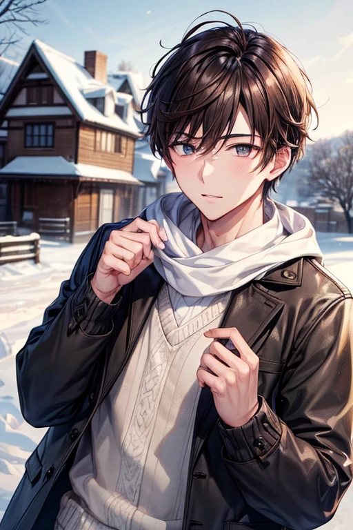 a handsome guy、20代の男性、Winter clothes、Brown-haired shorthair、black eye、long sleeve、sunny winter day、rural scenery、High resolution、In 8K、sharp focus、zoom、with the best image quality、highest quality