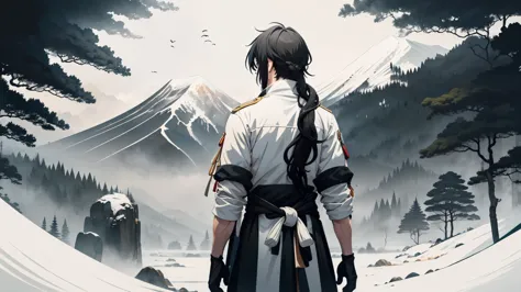 illustration of anime man, snowy land, man, short black hair, messy hair, snow landscape, winter clothes, facing away, back turn...