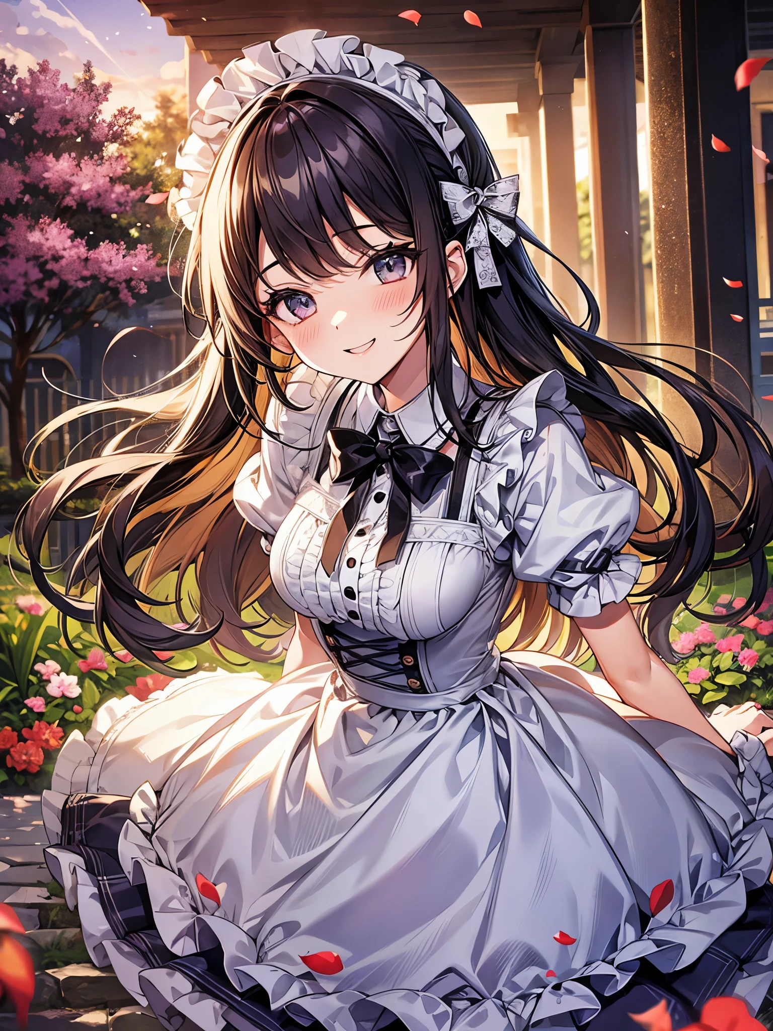 Anime girl in a maid dress sitting on a stone path - SeaArt AI