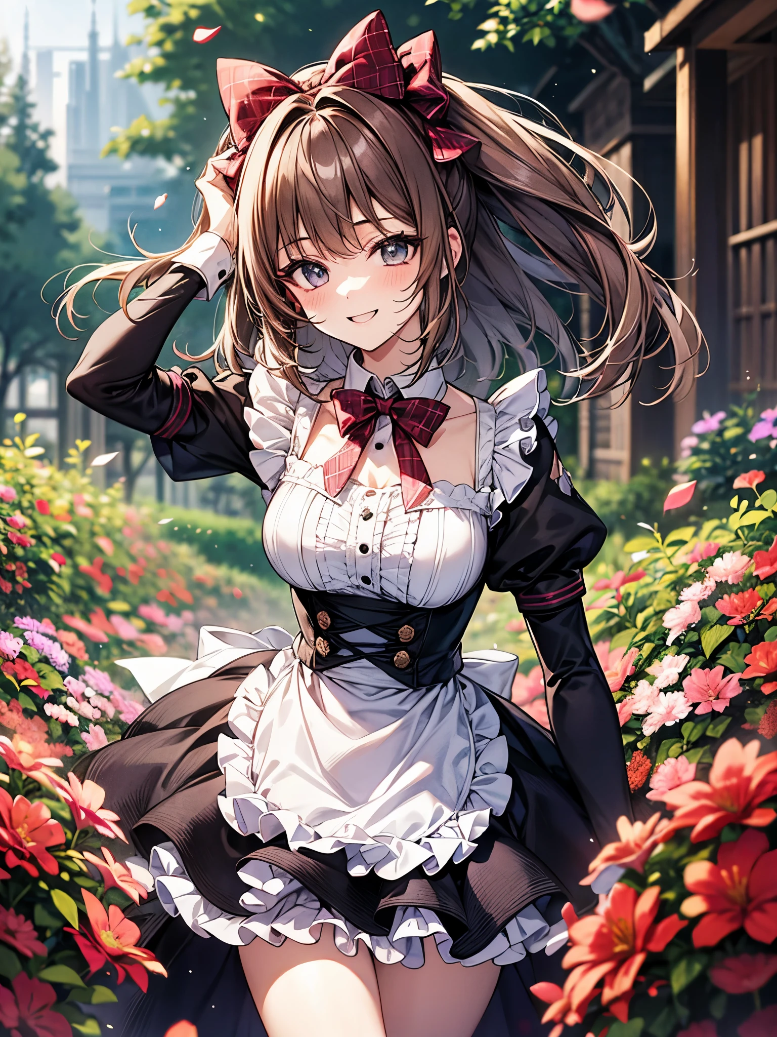 Anime girl in maid outfit posing in front of flowers - SeaArt AI