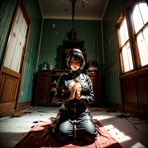 Busty priest praying in a creepy abandoned house, giga_busty