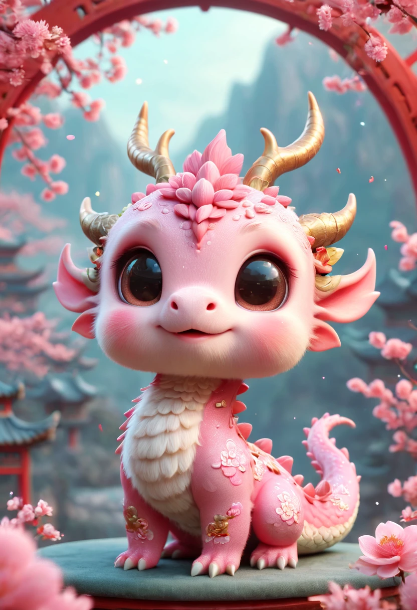 Q version，Cute little dragon，Chinese style，pink space，festive atmosphere，Spring Festival，Lovely antlers，Chinese elements，Cartoon，Cute pet，Lively