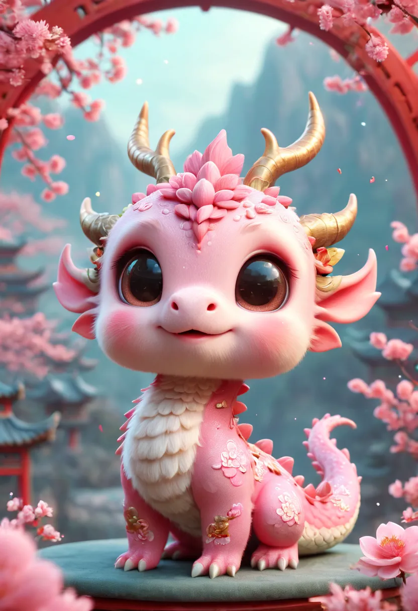 Q version，Cute little dragon，Chinese style，pink space，festive atmosphere，Spring Festival，Lovely antlers，Chinese elements，Cartoon...