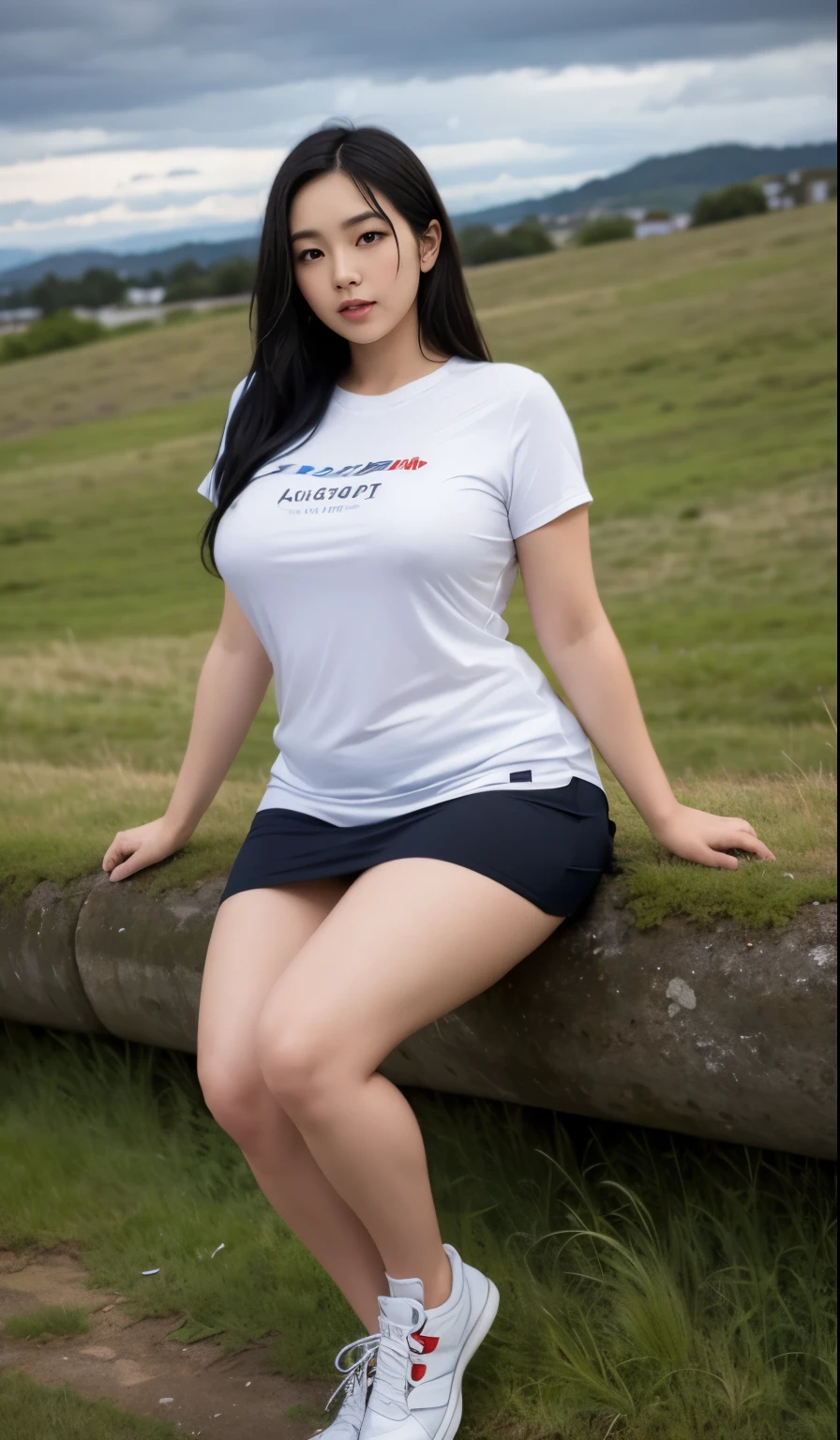 A beautiful beauty, long black hair, big eyes, round face, dress, tight purple skirt, sneakers , slightly fat, plump and sexy, delicate facial features, on the grassy hillside, black grass and words, dark sky and dark clouds, HD, high quality, the best picture quality