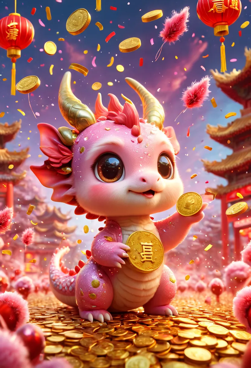 Q version，Cute little dragon，Chinese style，pink space，festive atmosphere，Spring Festival，Lovely antlers，Chinese elements，Cartoon...