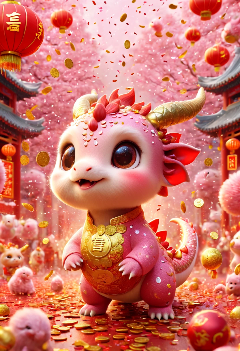 Q version，Cute little dragon，Chinese style，pink space，festive atmosphere，Spring Festival，Lovely antlers，Chinese elements，Cartoon，Cute pet，Lively,Many gold coins burst out from firecrackers，Red and gold confetti flying in the sky，Gold coin rain，A strong festive atmosphere，It was very lively。