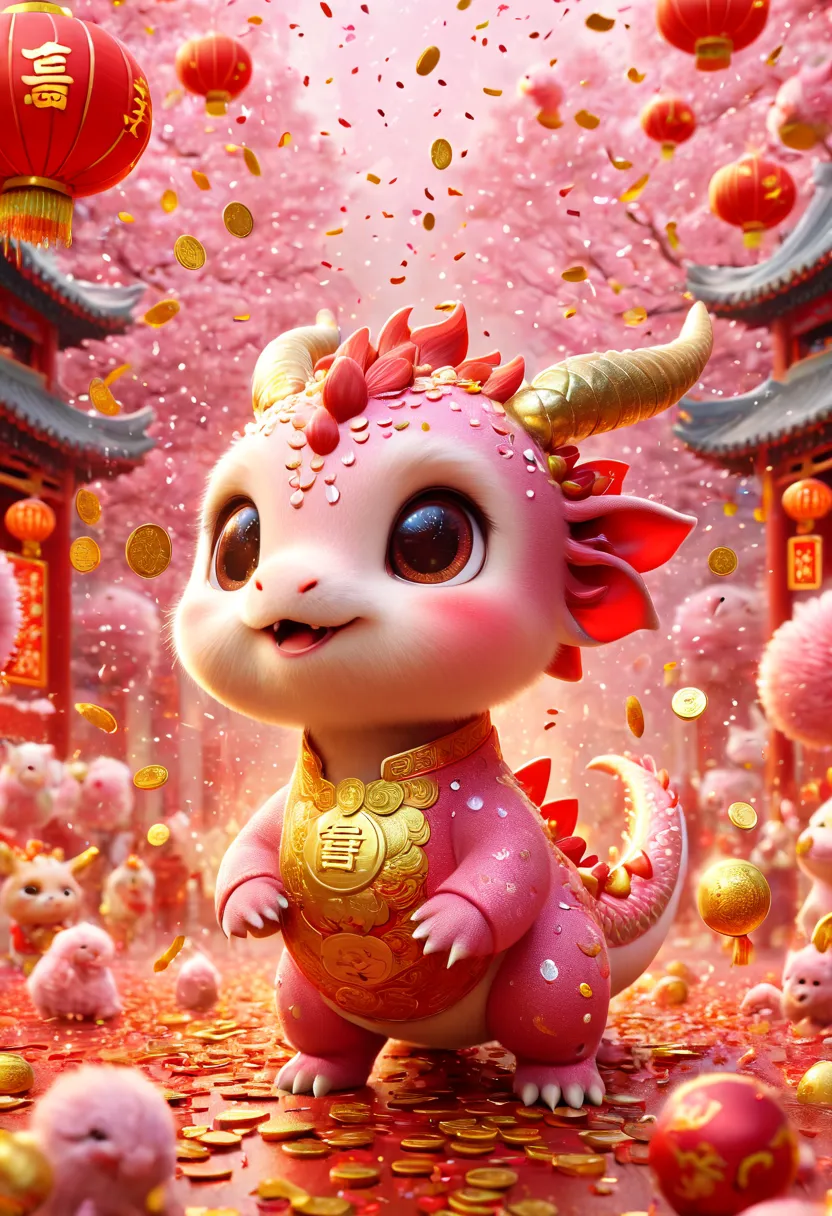 Q version，Cute little dragon，Chinese style，pink space，festive atmosphere，Spring Festival，Lovely antlers，Chinese elements，Cartoon...