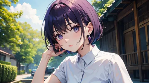 masterpiece、best quality、one girl、upper body、bangs bangs、short hair、purple hair、stylish earrings、angry look、hold out your hand