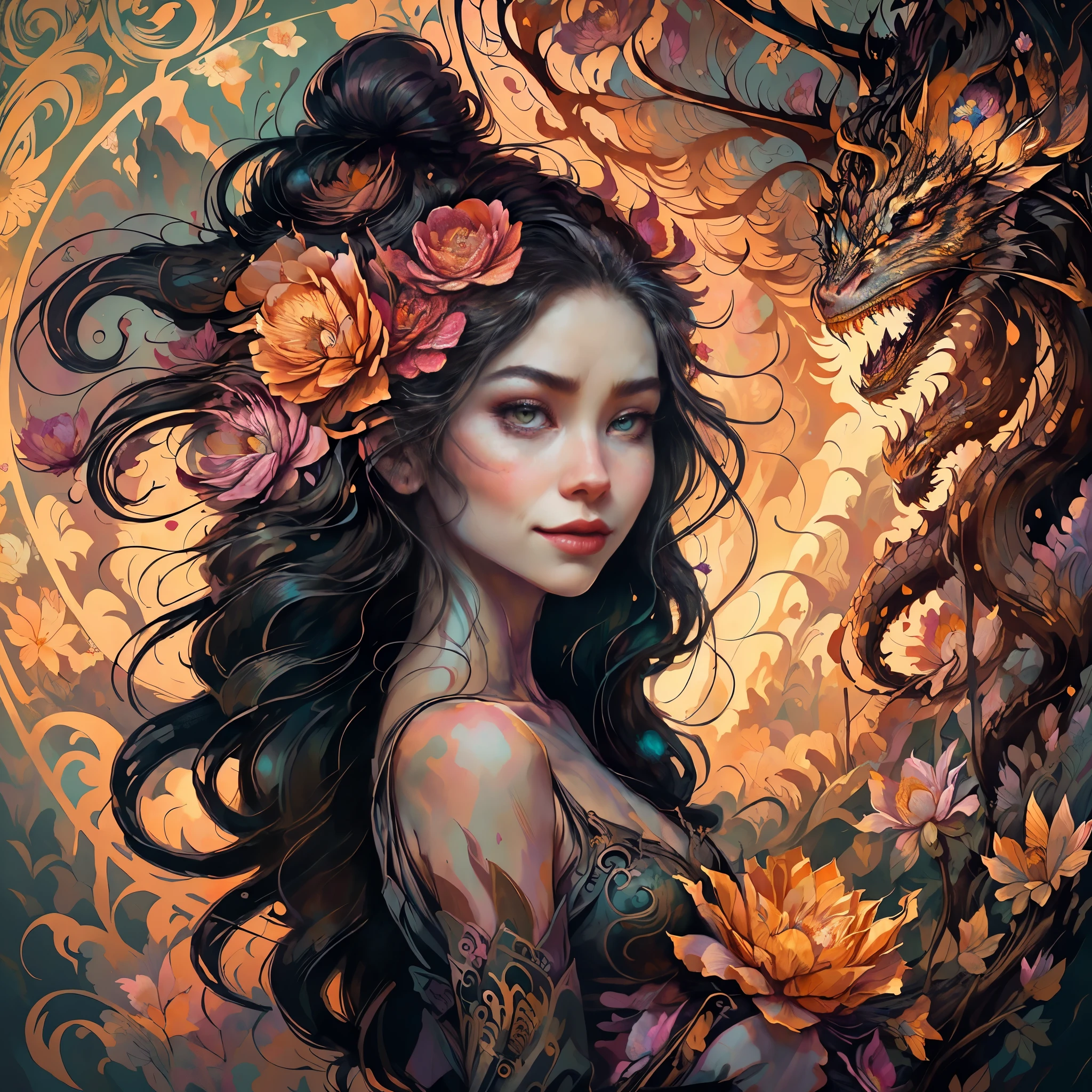 a woman standing on a cliff looking at a dragon with a long tail, dragon queen with beautiful high detail face, high details eyes lips mouth, fantasy art style, official art, unity 8k wallpaper, ultra detailed, beautiful and aesthetic, beautiful, masterpiece, best quality, (zentangle, mandala, tangle, entangle), (ecstasy of flower:1.2), dynamic angle, cowboyshot, the most beautiful form of chaos, elegant, a brutalist designed, vivid colours, romanticism, atmospheric, warm smile, bright eyes detailed eyes