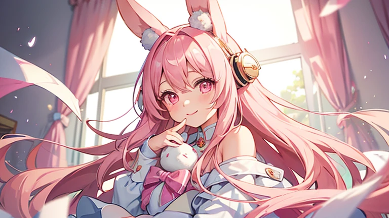 beautiful illustrations, highest quality, pretty girl, fluffy rabbit ears, , pink long hair, rabbit stuffed, bright lighting, pale pink eyes,smile,white clothes,Listen to the music