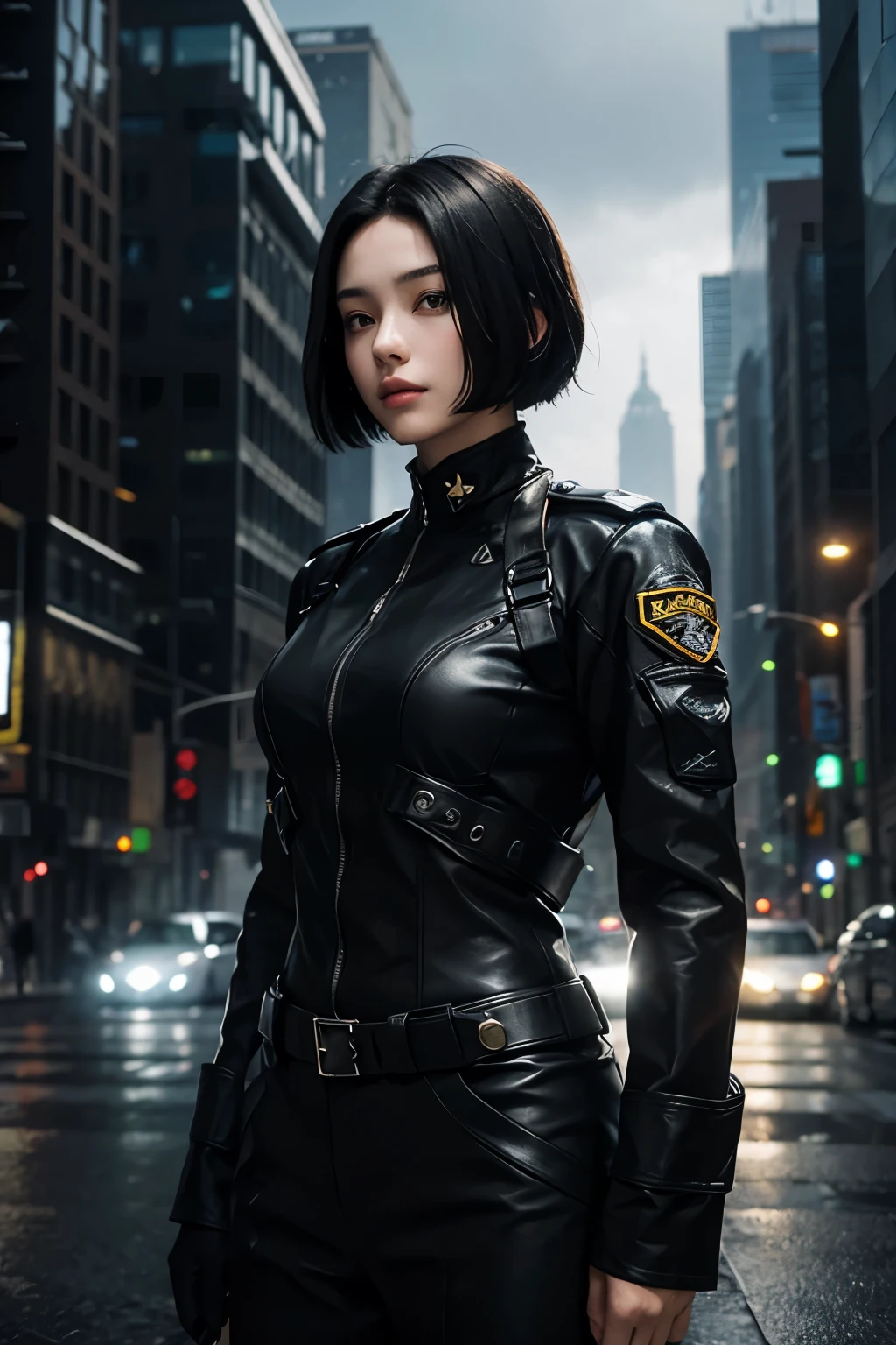 A beautiful woman. Twenty years old. short black hair. He is wearing a black combat uniform that fits perfectly on his body. She is standing in a futuristic city and the weather is overcast.