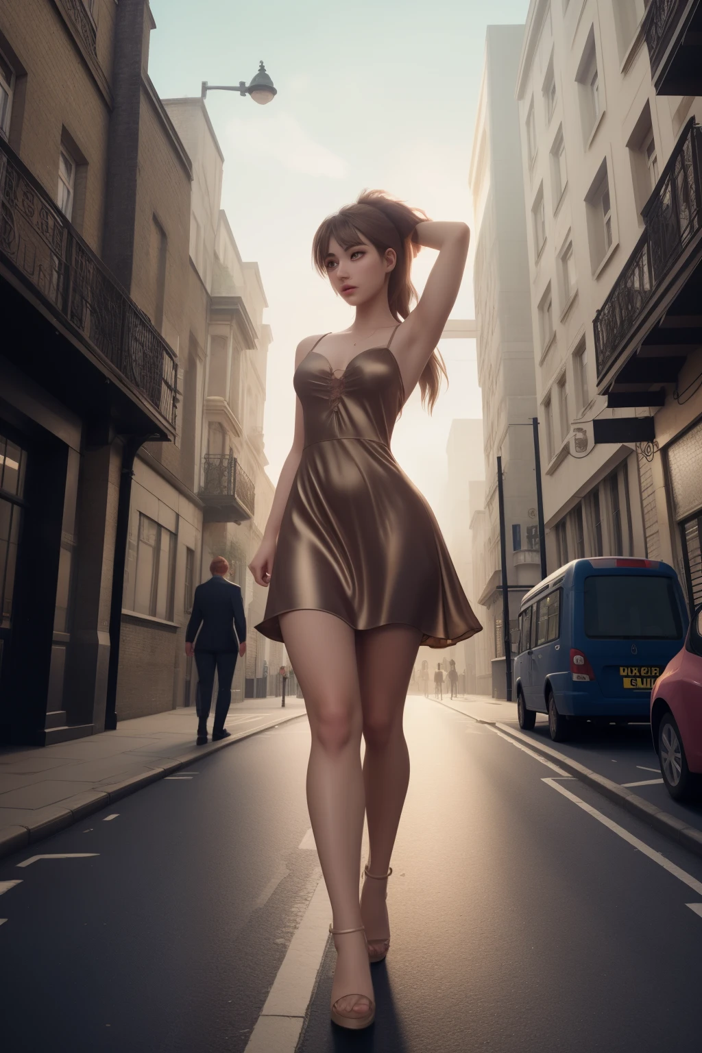 By Yves Di, a beautiful androgynous, satin slip dress, beautiful face, beautiful legs, light brown eyes, very happy face, full body, colorful colors, detailed background, Detective, London Street, Sherlock vibe, crime scene, night time, ,high quality, 8K Ultra HD, 3D effect, A digital illustration of anime style, soft anime tones, Atmosphere like London Animation, luminism, three dimensional effect, luminism, 3d render, octane render, Isometric, awesome full color, delicate and anime character expressions