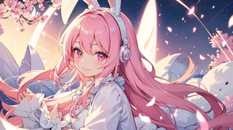 beautiful illustrations, highest quality, pretty girl, fluffy rabbit ears, pink long hair, rabbit stuffed,  pale pink eyes,smile...