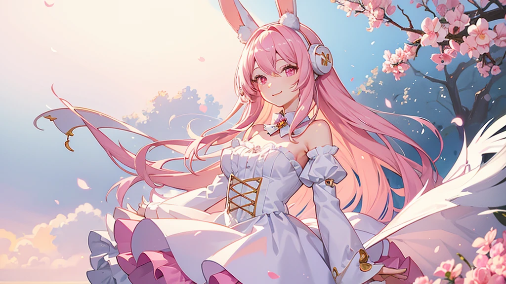 beautiful illustrations, highest quality, pretty girl, fluffy rabbit ears, pink long hair, rabbit stuffed,  pale pink eyes,smile,white clothes,Listen to the music,sound,musical note