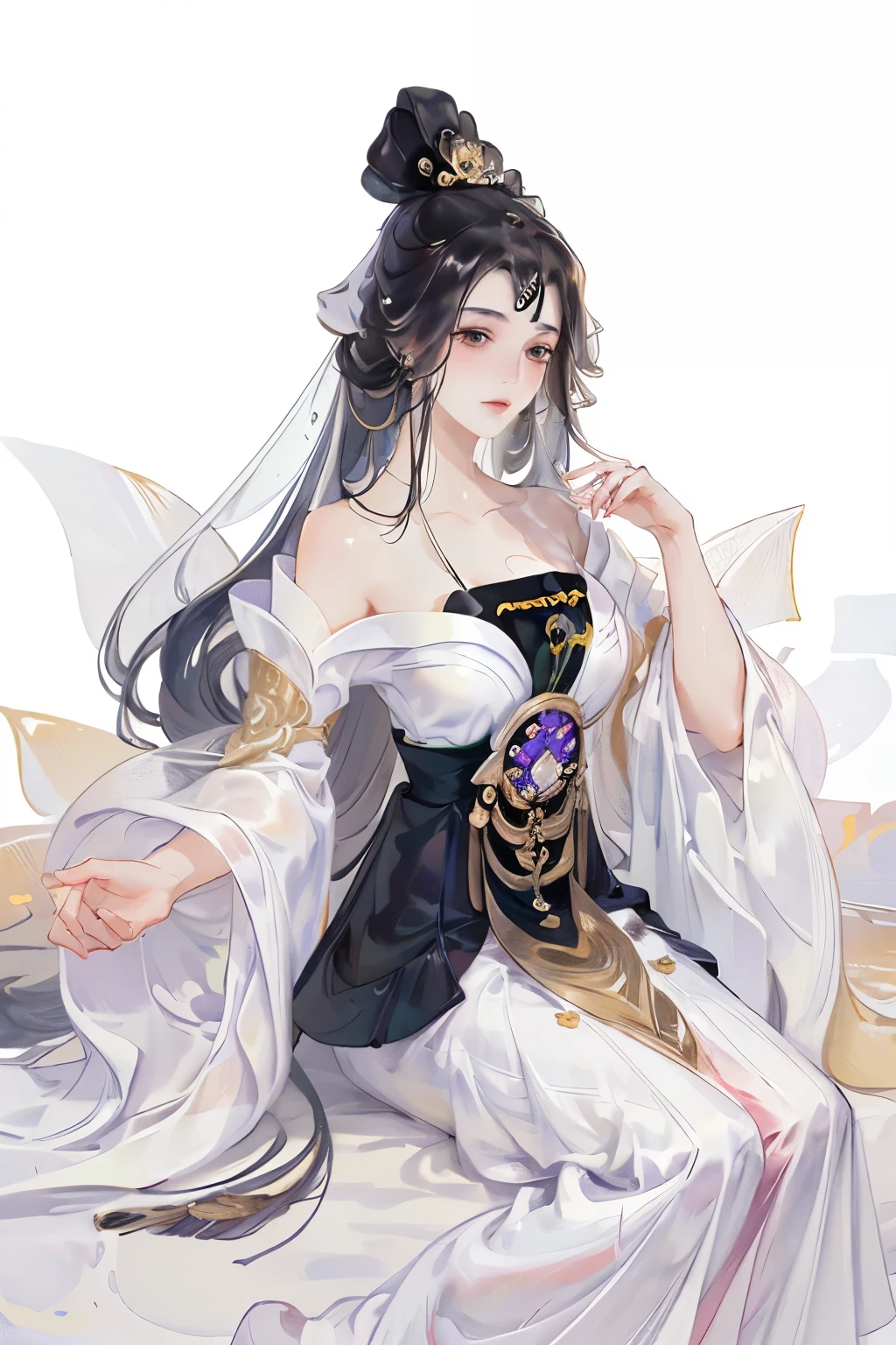 (((masterpiece, best quality at best, ultra high resolution, CG unified 8K wallpaper, best quality, Super detailed, Ultra HD quality))), 1 girl, long black hair, game fairy, Lotus lotus leaf decoration, Infrared sleeve, hanfu, yarn, 流动的yarn布, jewelry, ((rich and colorful)), pretty face, beautiful eyes, beautiful hairstyle, Beautiful costumes, Reasonable structure