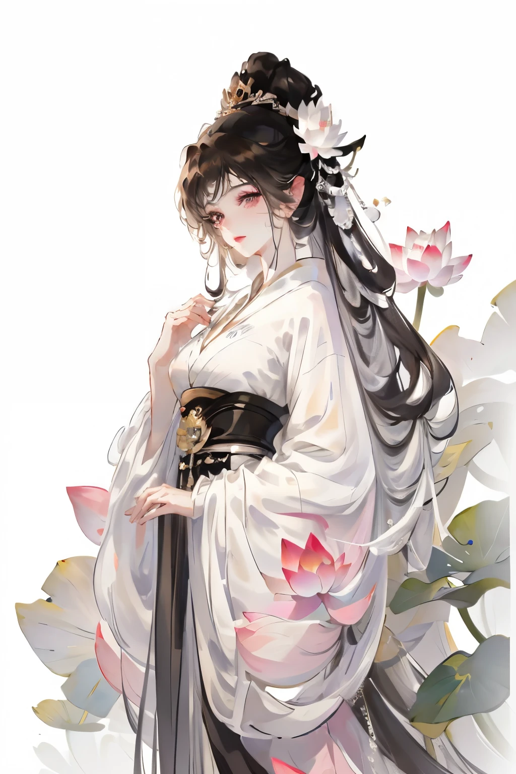 (((masterpiece, best quality at best, ultra high resolution, CG unified 8K wallpaper, best quality, Super detailed, Ultra HD quality))), 1 girl, long black hair, game fairy, Lotus lotus leaf decoration, Infrared sleeve, hanfu, yarn, 流动的yarn布, jewelry, ((rich and colorful)), pretty face, beautiful eyes, beautiful hairstyle, Beautiful costumes, Reasonable structure
