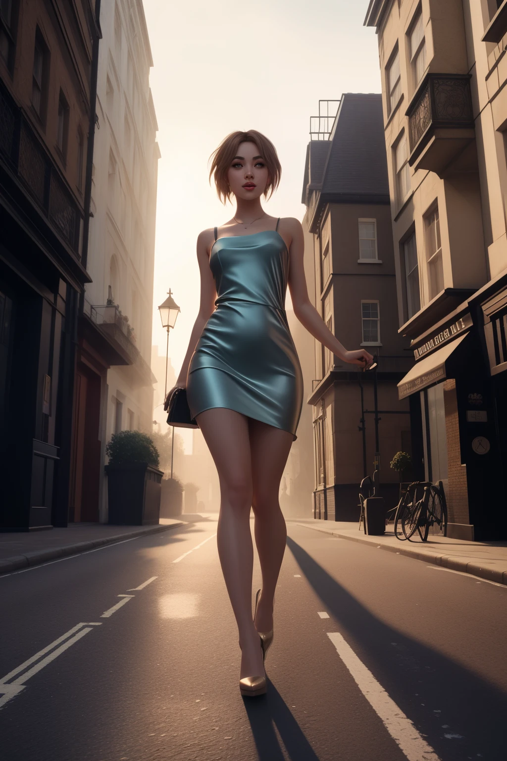 Par Yves Di, une belle androgyne, Robe nuisette en satin, Beau visage, belles jambes, yeux marron clair, visage très heureux, tout le corps, Couleurs colorées, contexte détaillé, Détective, rue de Londres, Ambiance Sherlock, scène de crime, la nuit, ,Haute qualité, 8K Ultra HD, effet 3D, Une illustration numérique du style anime, tons doux d&#39;anime, Ambiance comme dans une animation londonienne, Luminisme, effet tridimensionnel, Luminisme, rendu 3D, rendu d&#39;octane, Isométrique, superbe en couleur, expressions de personnages délicats et animés