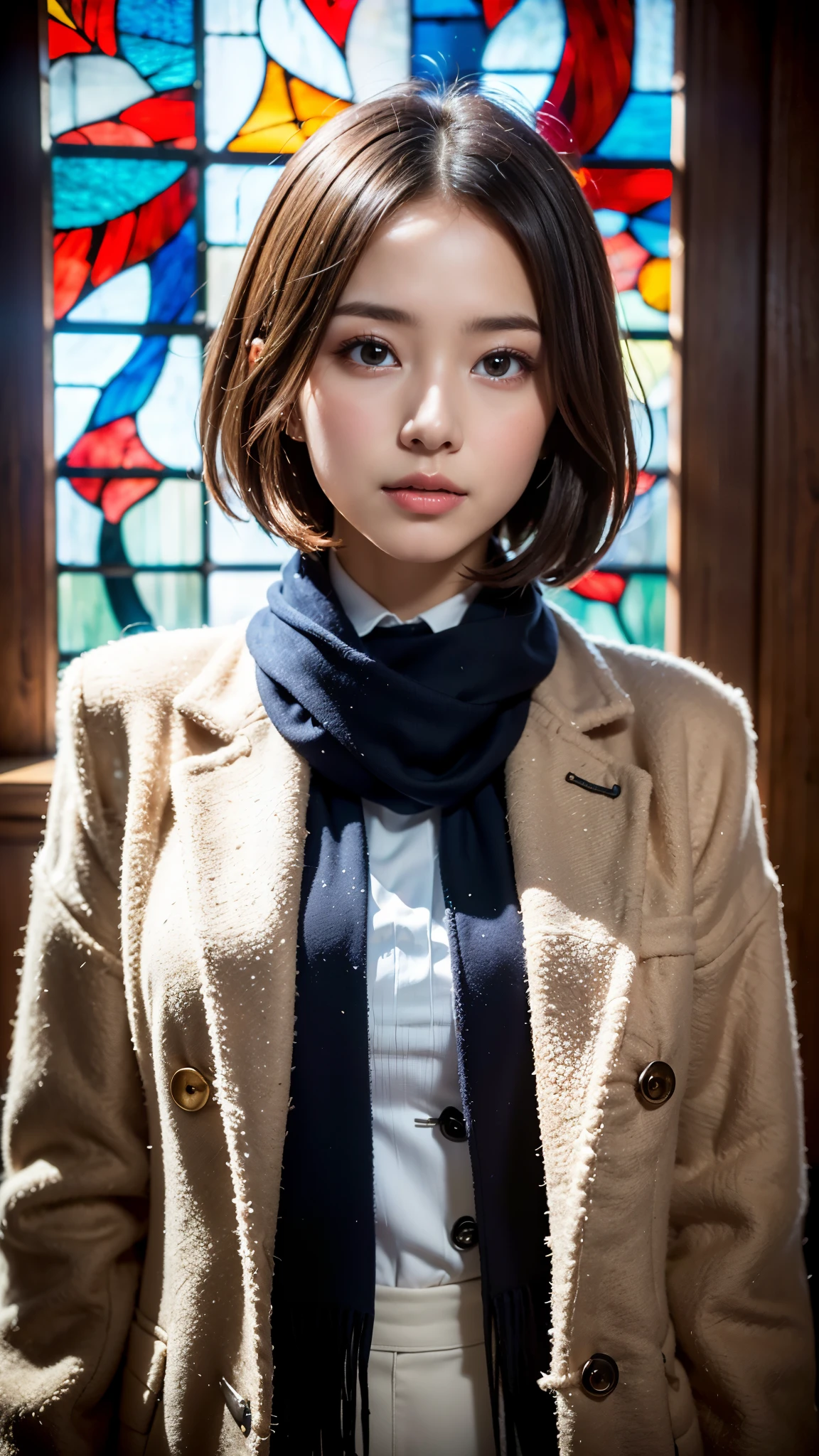 (Close up portrait of one girl with coat with scarf in winter uniform:1.5), (8k, RAW photo, best quality, masterpiece), (realistic, photo-realistic), ultra-detailed, high quality, professional lighting, physically-based rendering photo of 18 years woman, (1girl:1.3), (Japanese idol:1.3), (kawaii:1.3), (cute face:1.3), (Blazer ,School uniform), (short hair, dark brown hair), (high detailed skin:1.2), (ultra delicate face, ultra Beautiful fece, ultra delicate black eyes, ultra detailed nose, ultra detailed mouth), (((The background is a monastery:1.5, Beautiful stained glass:1.5, colored glass, lead lines, light transmittance, extremely detailed background)))