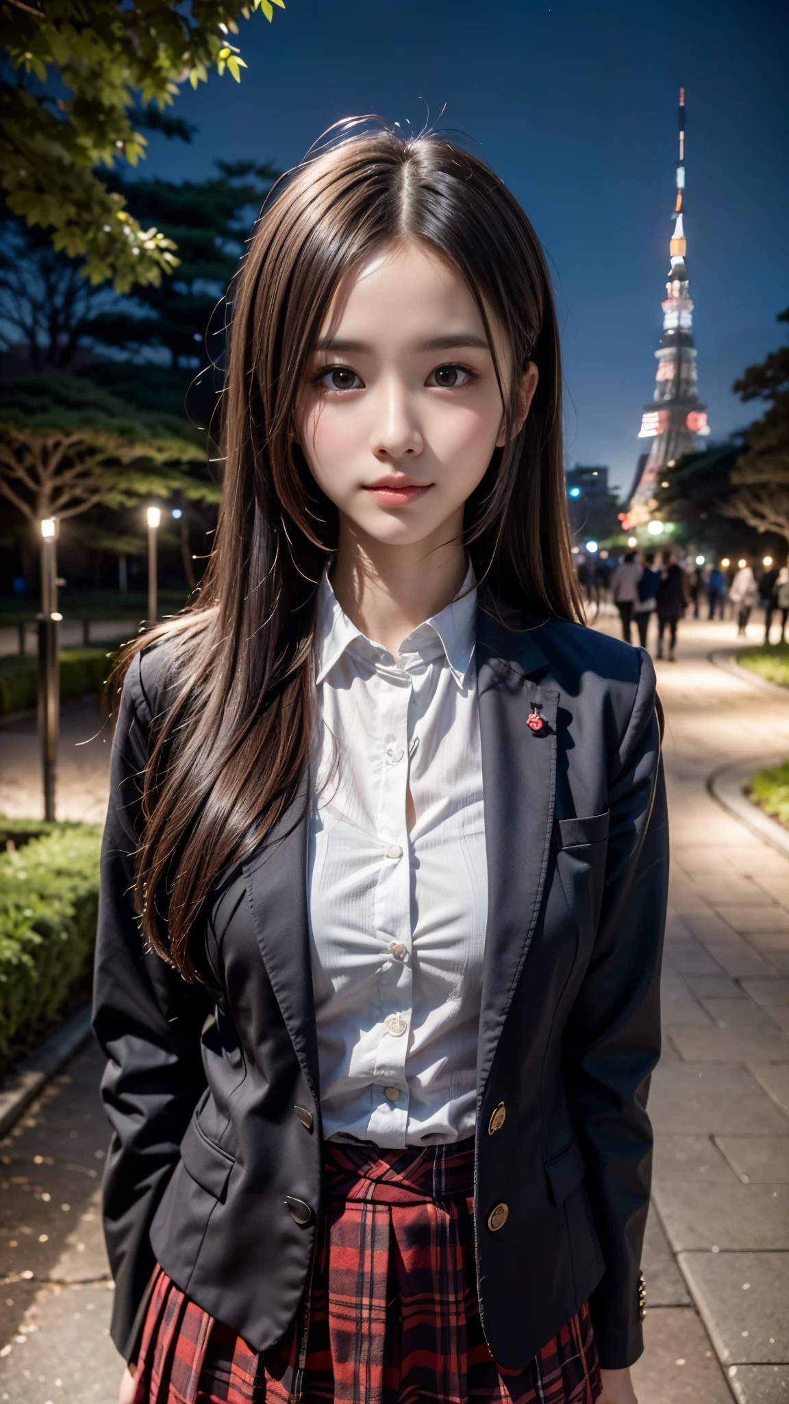 (Close up portrait of one girl with Japanese school uniform:1.5), (white shirt), (Blazer, School uniform), (cleavage:0.8), (plaid_skirt), (8k, RAW photo, best quality, masterpiece), (realistic, photo-realistic), ultra-detailed, high quality, professional lighting, physically-based rendering photo of 18 years woman, (1girl:1.3), (Japanese idol:1.3), (kawaii:1.3), (cute face:1.3), (semi-long hair, dark brown hair), (high detailed skin:1.2), (ultra delicate face, ultra Beautiful fece, ultra delicate black eyes, ultra detailed nose, ultra detailed mouth), (Walking along a (extremely background is the tokyo tower in the park at night:1.5)), full body shot