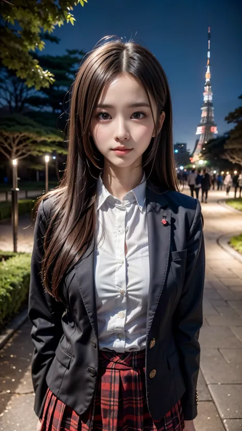(Close up portrait of one girl with Japanese school uniform:1.5), (white shirt), (Blazer, School uniform), (cleavage:0.8), (plai...