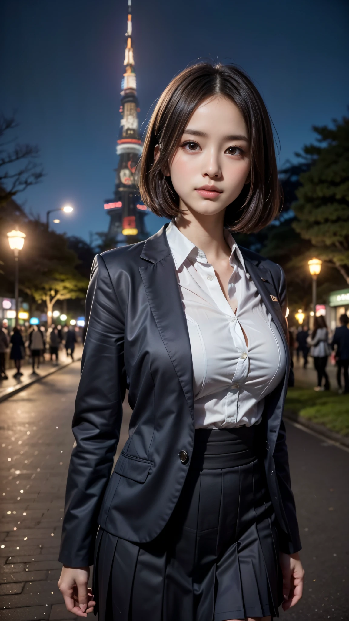 (Gros plan d&#39;une fille portant un uniforme scolaire japonais:1.5), (chemise blanche), (clivage:0.8), (8k, photo brute, Meilleure qualité, chef-d&#39;œuvre), (Réaliste, photo-Réaliste), ultra-détaillé, Haute qualité, Éclairage professionnel, Photographie de rendu physique d&#39;une femme de 18 ans, (1fille:1.3), (Idole japonaise:1.3), (kawaii:1.3), (visage mignon:1.3), (blazer ,uniforme scolaire), (Cheveux courts, les cheveux brun foncé), (Peau très détaillée:1.2), (visage ultra délicat, selles ultra belles, yeux noirs ultra délicats, nez ultra détaillé, bouche ultra détaillée), (marcher le long d&#39;un (l&#39;arrière-plan est extrêmement la tour de Tokyo dans le parc la nuit:1.5)), Prise de vue complète du corps