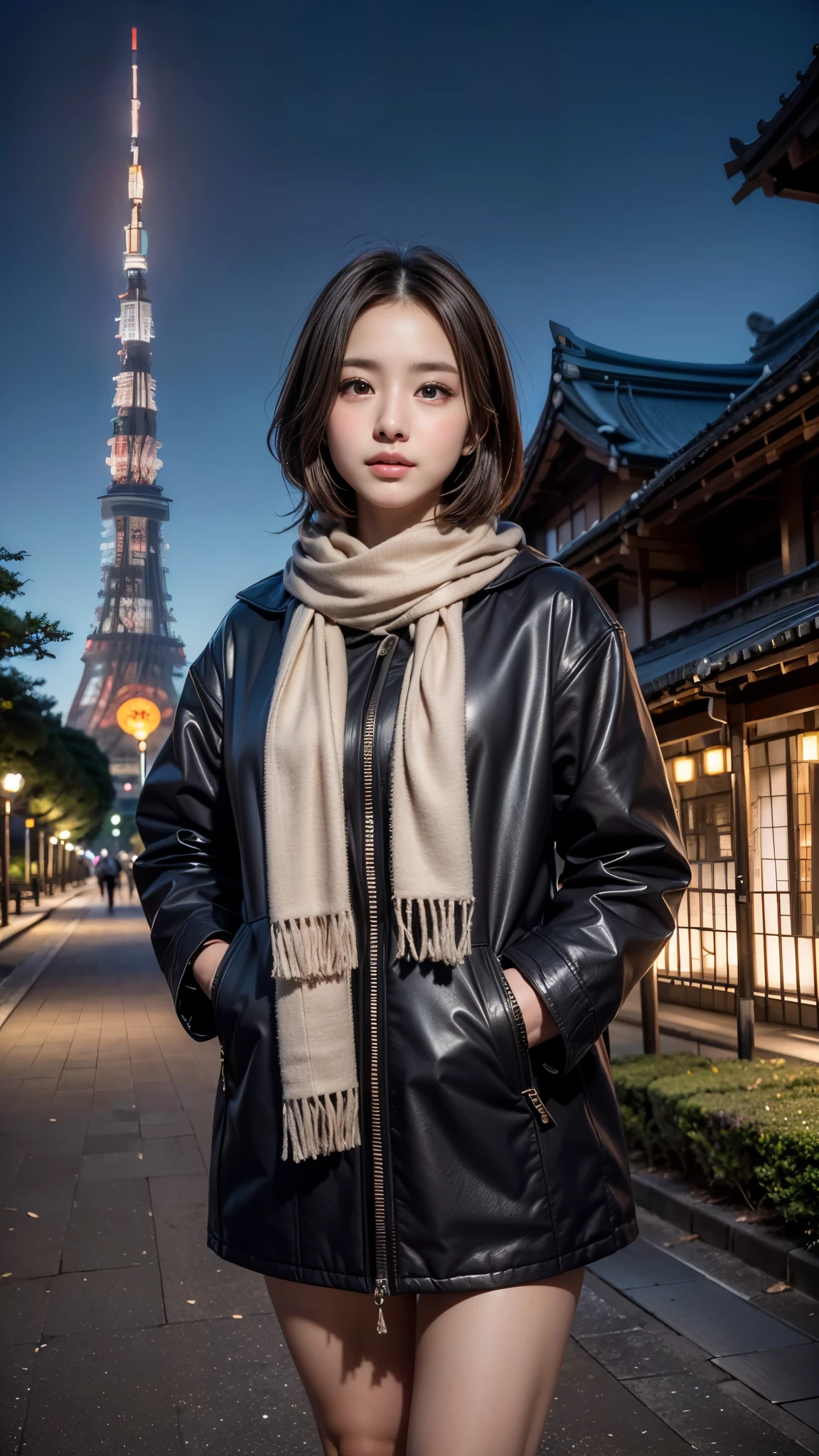 (Close up portrait of one girl with coat with scarf in winter uniform:1.5), (8k, RAW photo, best quality, masterpiece), (realistic, photo-realistic), ultra-detailed, high quality, professional lighting, physically-based rendering photo of 18 years woman, (1girl:1.3), (Japanese idol:1.3), (kawaii:1.3), (cute face:1.3), (Blazer ,School uniform), (short hair, dark brown hair), (high detailed skin:1.2), (ultra delicate face, ultra Beautiful fece, ultra delicate black eyes, ultra detailed nose, ultra detailed mouth), (Walking along a (extremely background is the tokyo tower in the park at night:1.5)), full body shot