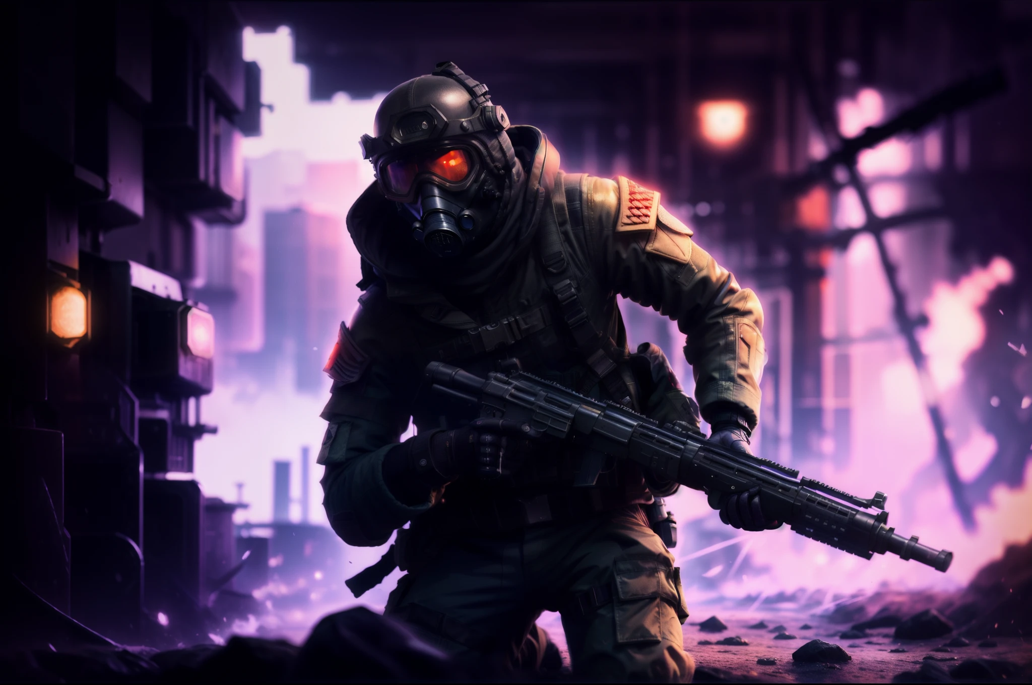 there is a man in a gas mask holding a gun, black octane render, cyberpunk soldier, in a dark space mercenary outfit, hyperealistic octane render, sci-fi soldier, futuristic soldier, octane render sci - fi, in game capture 3d render, aesthetic octane render, octane render cinematic, unreal octane render, 8k octane render, 8 k octane render