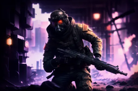 there is a man in a gas mask holding a gun, black octane render, cyberpunk soldier, in a dark space mercenary outfit, hyperealis...