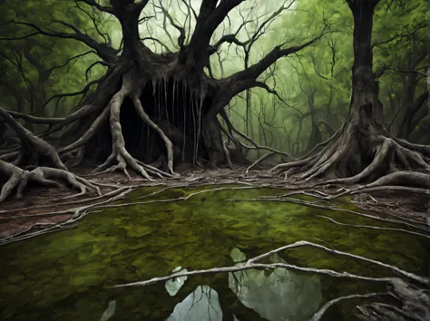 there is a very creepy place with gray-ash soil, around there are dry blackened trees with cracked trunks, green slime oozes fro...