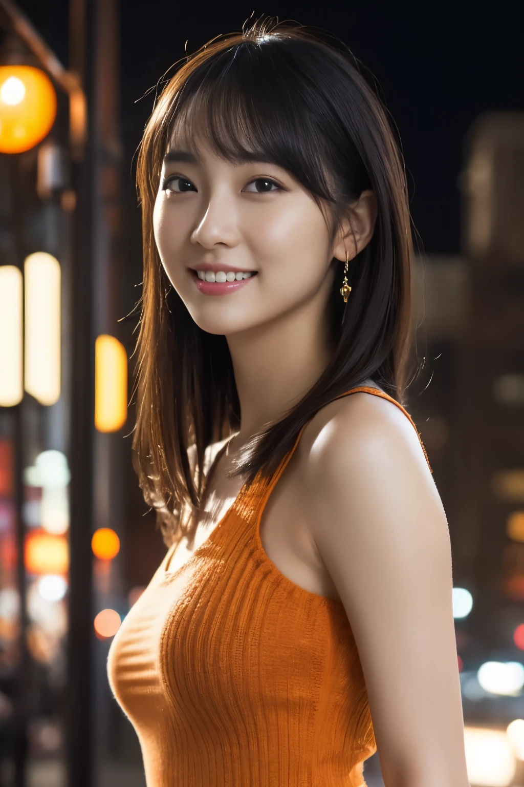 1 girl, (wearing an orange knit dress:1.2), (RAW photo, highest quality), (realistic, Photoreal:1.4), table top, very delicate and beautiful, very detailed, 2k wallpaper, wonderful, finely, Very detailed CG Unity 8K 壁紙, Super detailed, High resolution, soft light, beautiful detailed girl, very detailed目と顔, beautifully detailed nose, beautiful and detailed eyes, cinematic lighting, city light at night, perfect anatomy, slender body, smile, Camera-wide perspective, look forward