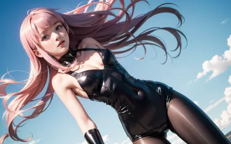 1 woman, tight leather leotard, small breasts, long pink hair, windy,