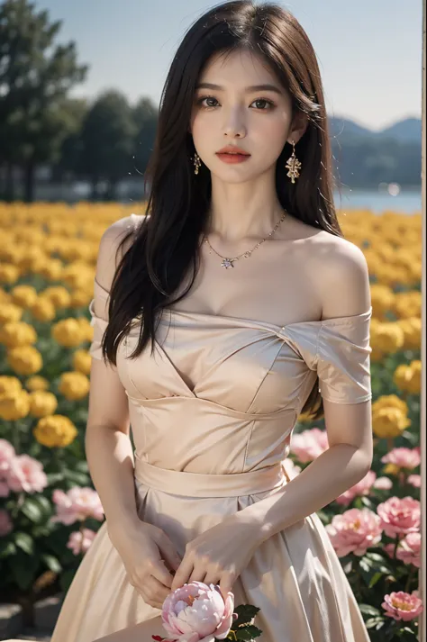 short sleeves,off shoulder, dress, ((best quality, 8k, masterpiece: 1.3)), ((knee shot)), 1 girl, 1 girl, blush, (seduct smile: 0.8),, hair accessories, necklace, Jia, Tyndall effect, actual, light edge, Two-tone lighting, 8k ultra hd, SLR camera, high qua...