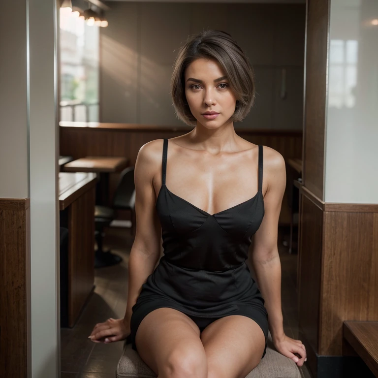 photo portrAit of womAn, short grey hAir. she is weAring An elegAnt blAck dress, she hAs short grey hAir, olive tAnned skin, Ganzkörperansicht, hAzel green eyes. sensuAl mouth. she’s sitting in A restAurAnt. the bAckground is unfocused. shot with Sony AlphA A9 II And Sony FE 200-600mm f/5.6-6.3 G OSS lens, nAturAl light, hyper reAlistic photogrAph, ultrA detAiled, ultrAdetAiled skin, reAlistic, photoreAlistic, Extremely ReAlistic, perfect wAist, Short HAir, egyptiAn_Bob_hAirstyle,grey hAir , A_line_hAircut, reAl femAle hAnds