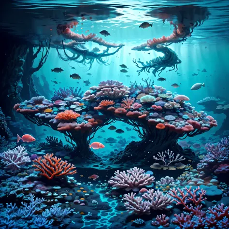 (best quality,4k,8k,highres,masterpiece:1.2),ultra-detailed,(realistic,photorealistic,photo-realistic:1.37),deep underwater, so deep no sunlight reaches, perpetual night, undersea forest,leprous corals,dimly lit,rainbow colored,faintly bioluminescent kelps...
