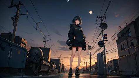 a full-body figure of a woman with a bob cut and a black hoodie standing in front of a railroad crossing, and the moon can be se...