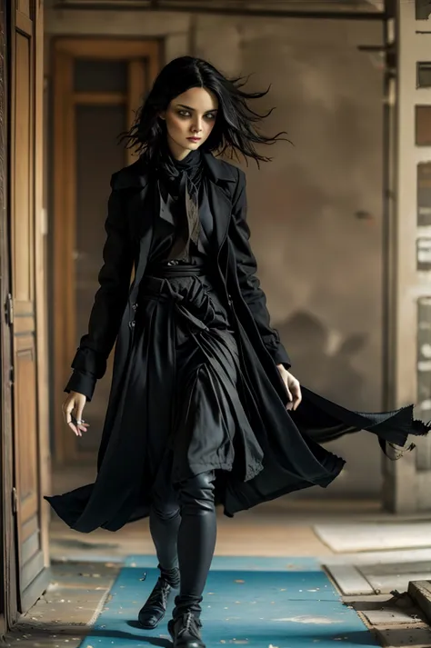 female, black coat, black closed buttoned-up black trench coat from the 1930's style, 5 foot 5 inches tall, slim body build, wai...