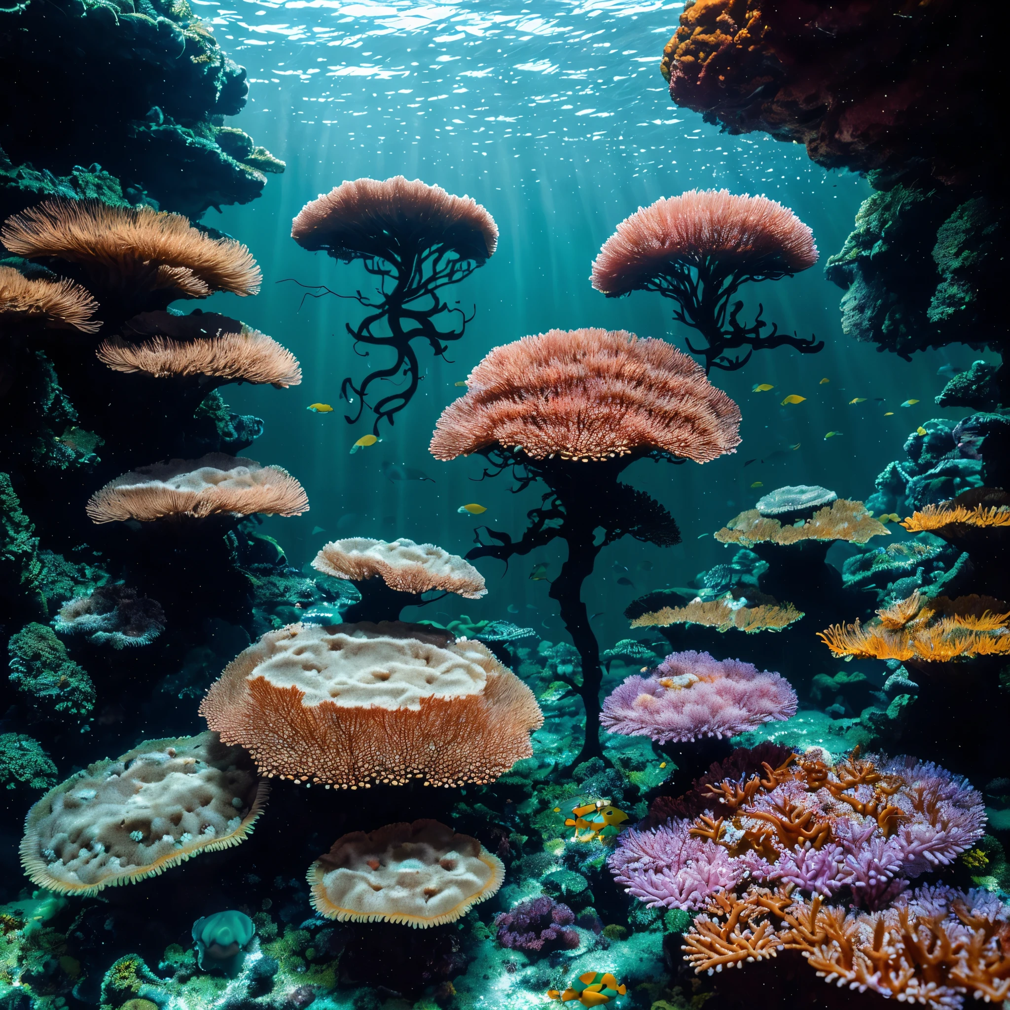 (best quality,4k,8k,highres,masterpiece:1.2),ultra-detailed,(realistic,photorealistic,photo-realistic:1.37),deep underwater, so deep no sunlight reaches, perpetual night, undersea forest,leprous corals,dimly lit,rainbow colored,faintly bioluminescent kelps,creepy creatures,shadows,outlines,forest depths,shimmering water,vibrant colors,organic shapes,mysterious atmosphere,secluded,silent,coexistence,dense foliage,translucent corals,swaying movements,ethereal beauty,subtle glow,undulating plants,hidden treasures,seaweeds,living organisms,biological diversity,marine life,tranquil,enchanted,unseen world,surreal,otherworldly,magical,predatory lurking,elusive,haunting presence