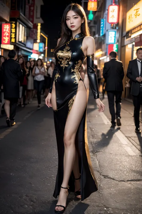 masterpiece, highest quality, realistic, 1 girl, chinatown, walk, night, Long cheongsam dress with gold embroidery, Princess, be...