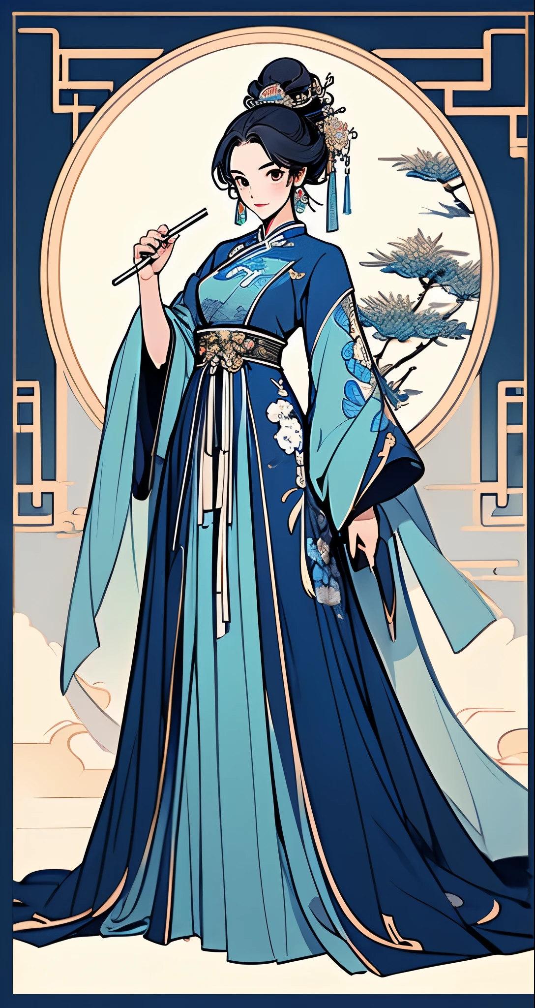 ((Masterpiece, best quality)), detailed face, whole body, full of detail, very detailed, depth, many parts, blue Chinese traditional dress,The girl in the ancient Chinese costume,Front of the body, full body,With a round fan in her hand,Standing posture, drawing illustrations,