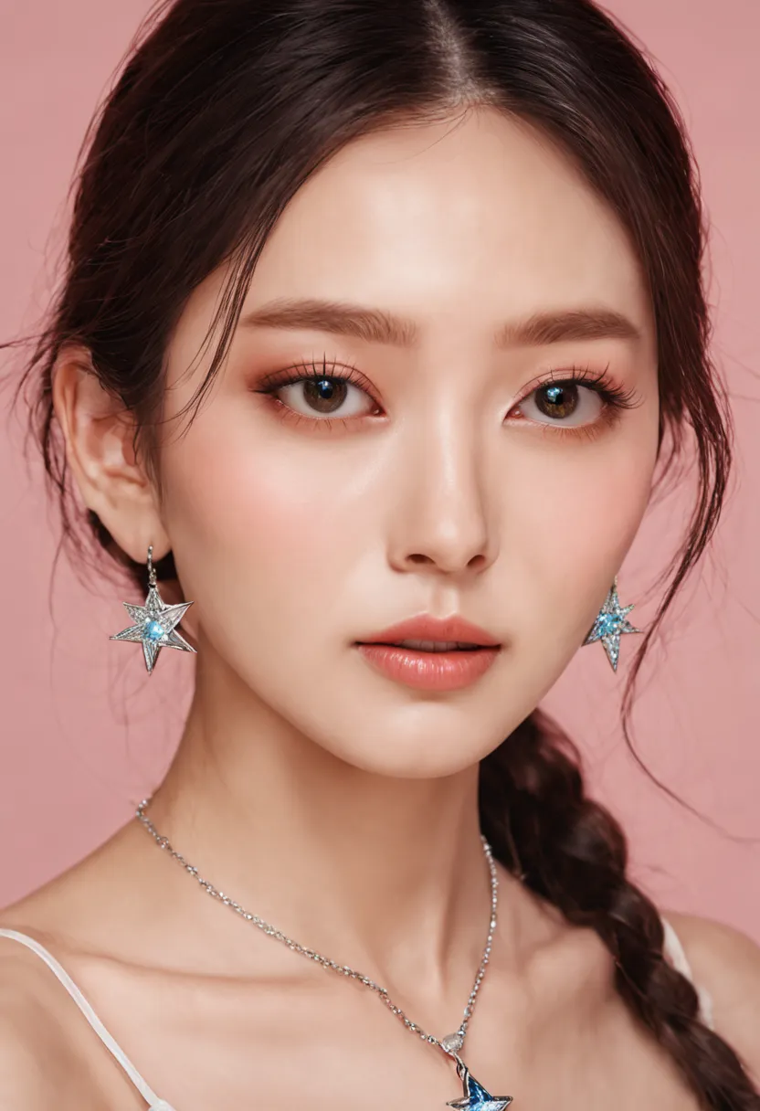 a woman with a wearing very delicate necklace with star and Moon Pendant from Swarovski around her neck, adorable Korean face, b...