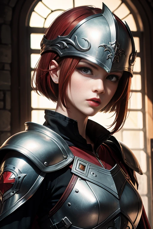 red hair,female,20s,bob cut,armor,cape,helmet ,face,portrait 