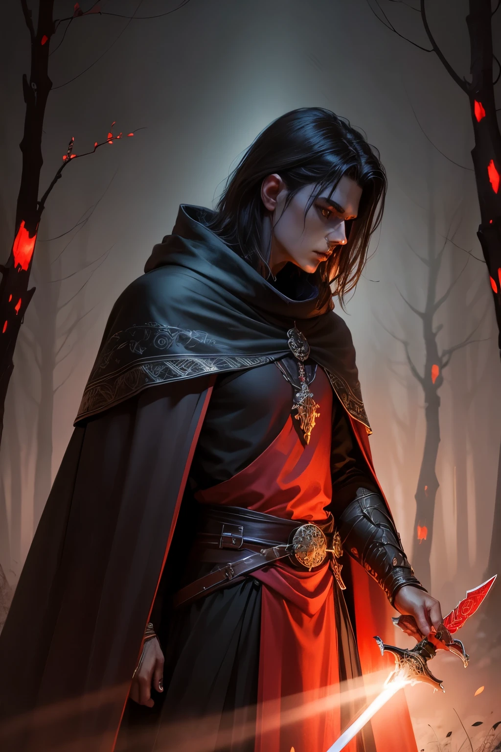 a man in a cloak holding a sword in a dark black and 赤 forest, 森の中で剣を握る, 光る剣 (赤),ダークファンタジースタイル art, ダークファンタジーアートwork, 8k ファンタジーアート, ダークファンタジースタイル, 4Kファンタジーアート, 壮大なファンタジーアートスタイルHD, ダークファンタジーアート, ダークファンタジーコンセプトアート, デジタルアートスタイルの壮大なファンタジー, in style of ダークファンタジーアート, 光る剣 in hand