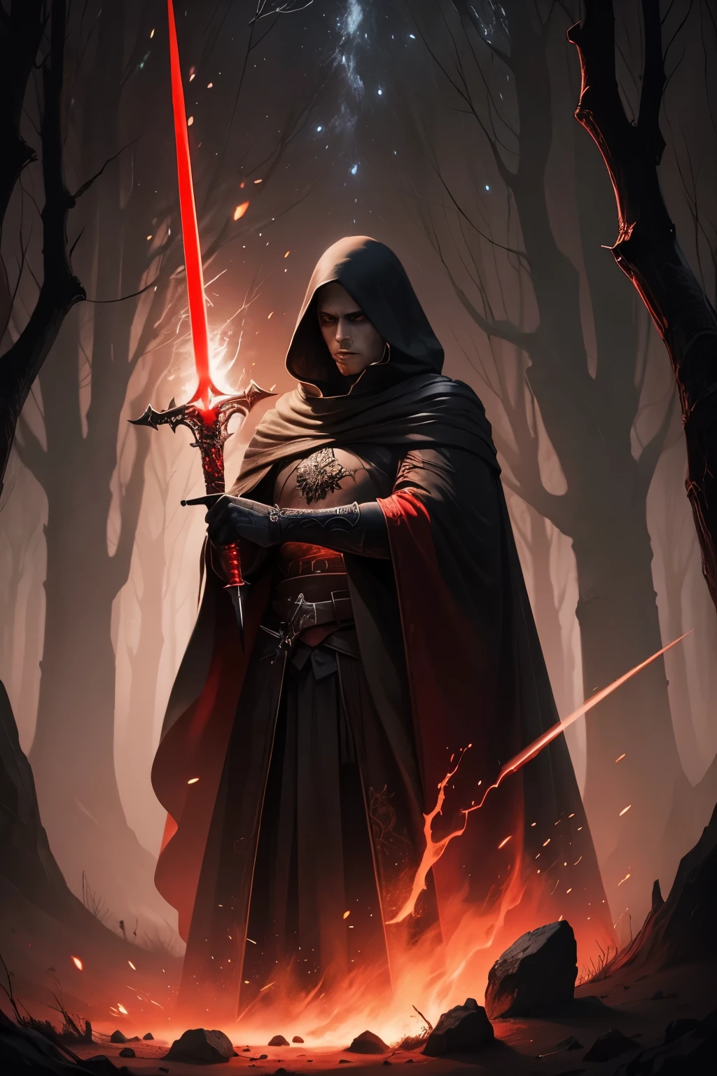 a man in a cloak holding a sword in a dark black and red forest, hold sword in the forest, Glowing Sword (red),dark fantasy style art, dark fantasy artwork, 8k fantasy art, dark fantasy style, 4k fantasy art, epic fantasy art style hd, dark fantasy art, dark fantasy concept art, Epic fantasy in the style of digital art, in style of dark fantasy art, Glowing Sword in hand