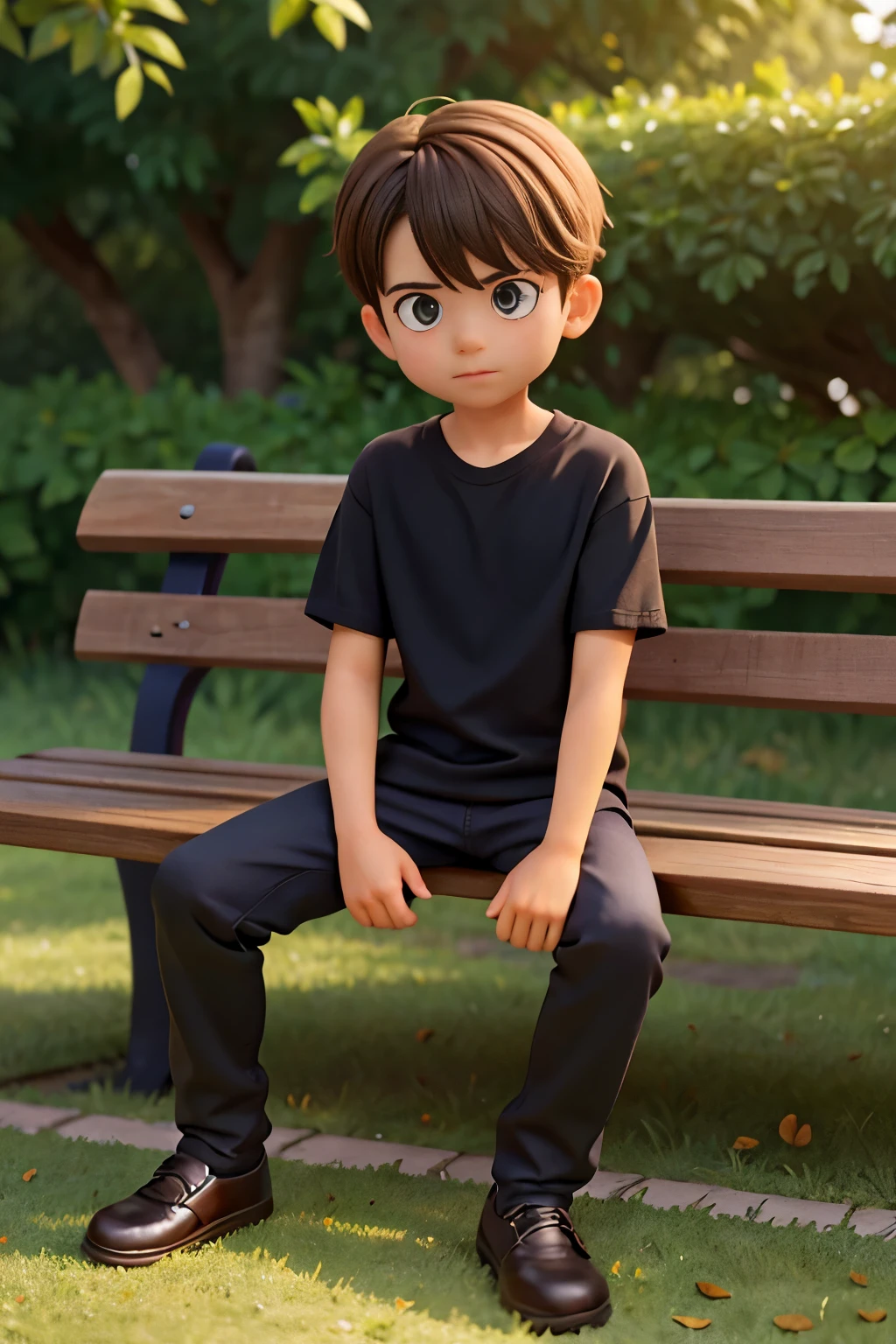 圖片顯示一個男孩坐在木凳上, 位於柵欄附近. 這個男孩穿著一件黑色襯衫，似乎正在看著鏡頭. 長椅位於場景中央, 柵欄延伸到影像的左側和右側. 男孩的姿勢和長凳的存在表明這可能是公園或類似的戶外環境.以動畫風格產生此圖像