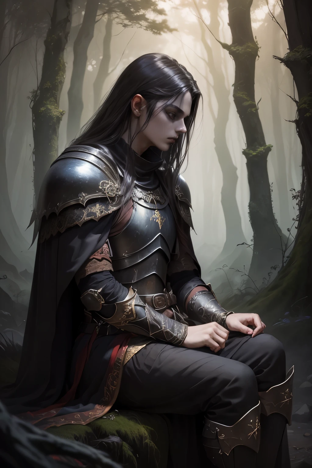 ,dark fantasy style art, dark fantasy artwork, 8k fantasy art, dark fantasy style, 4k fantasy art, epic fantasy art style hd, dark fantasy art, dark fantasy concept art, Epic fantasy in the style of digital art, in style of dark fantasy art,  knight sitting in the forest