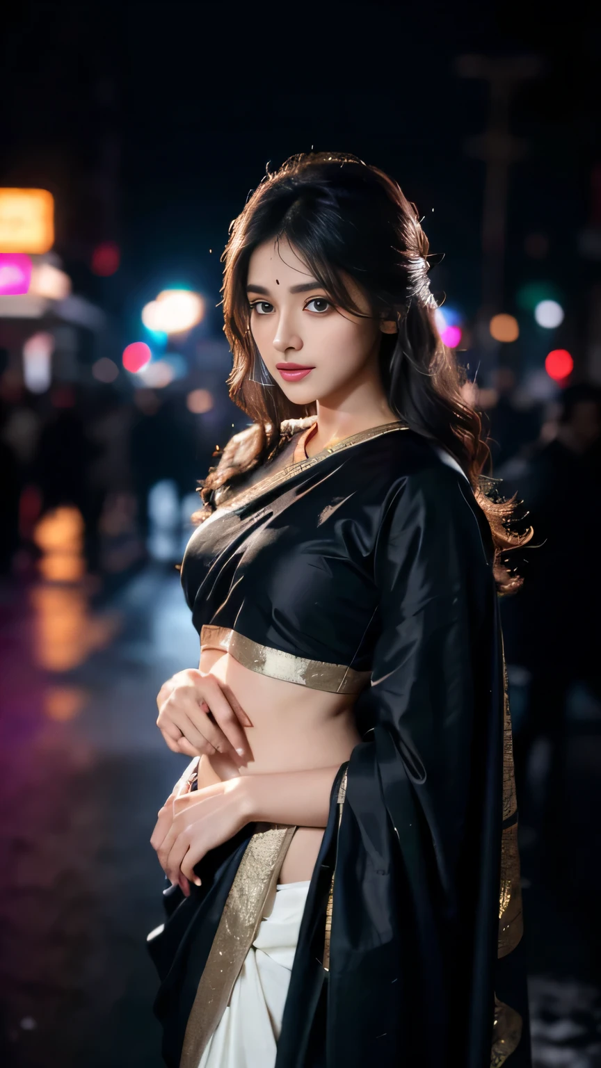 masterpiece, Indian Woman, 25 year old, sexy thin black saree, night club, neon light, calm and frosty, detailed face, gorgeous, ultra realistic, charming, cute, long open hair, ambient lighting, foggy, winter, detailed background, volumetric lighting, shadow, 8k
