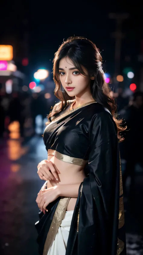 masterpiece, Indian Woman, 25 year old, sexy thin black saree, night club, neon light, calm and frosty, detailed face, gorgeous,...