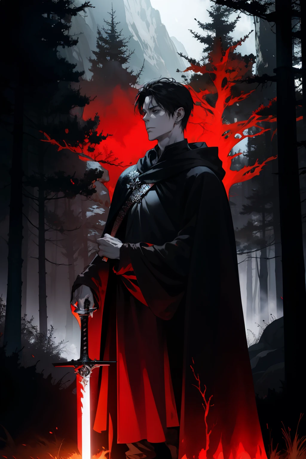 a man in a cloak holding a sword in a dark black and rouge forest, tenir l&#39;épée dans la forêt, épée rougeoyante (rouge),style fantastique sombre art, art fantastique sombrework, Art fantastique 8k, style fantastique sombre, Art fantastique 4k, Style d&#39;art fantastique épique HD, art fantastique sombre, art conceptuel de dark fantasy, Fantaisie épique dans le style de l&#39;art numérique, in style of art fantastique sombre, épée rougeoyante in hand, forêt en feu, flamme, feu de camp